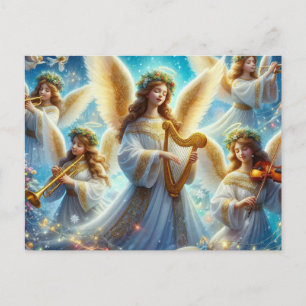 Christmas angels with music instruments  holiday postcard