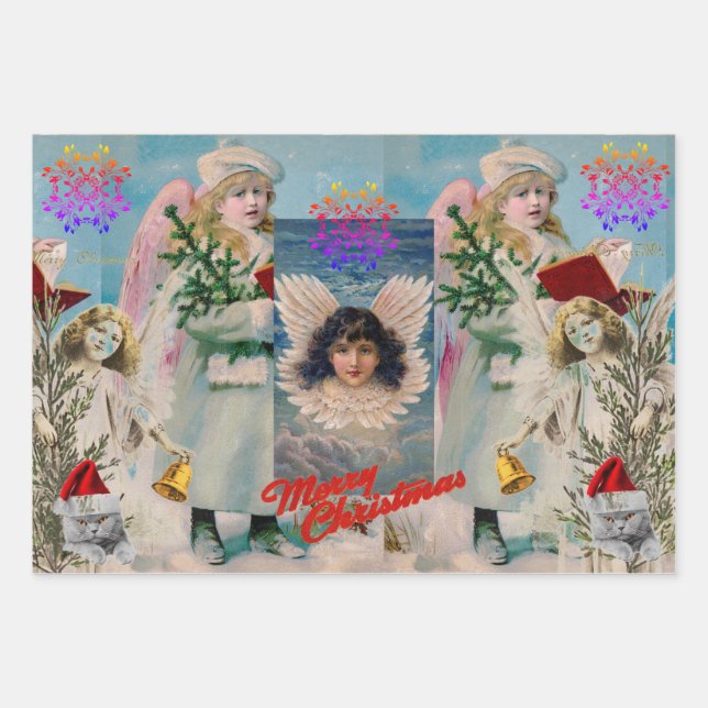 CHRISTMAS ANGELS Wrapping Paper Sheet Set of 3 (Front)