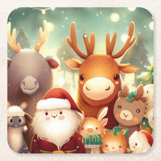 Christmas Animals 8 Square Paper Coaster (Front)