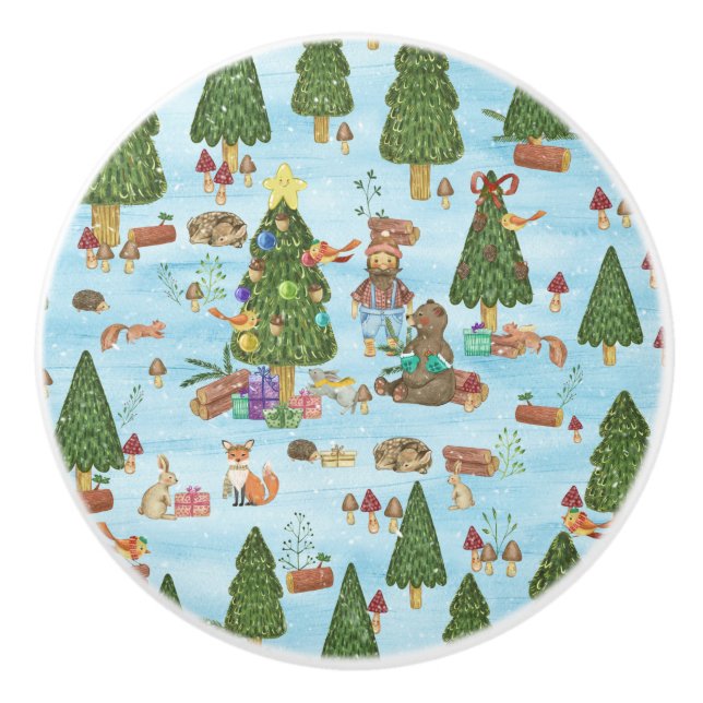 Christmas Animals and Lumberjack in Winter Forest Ceramic Knob (Front)