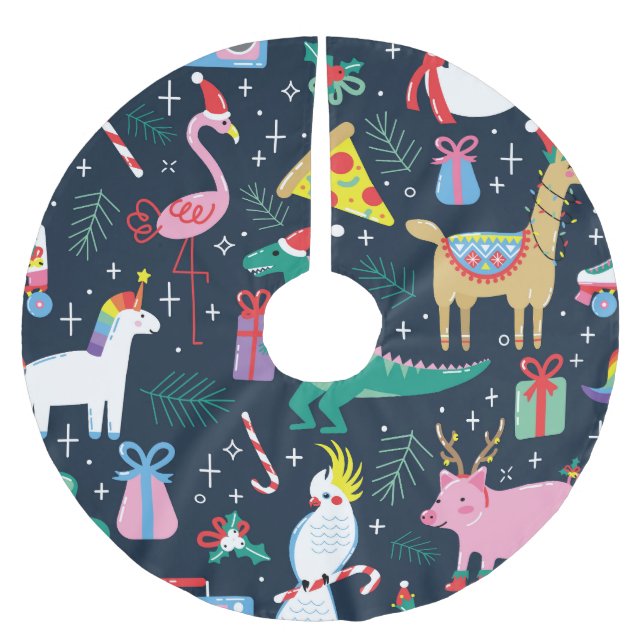 Christmas Animals, Cute Seamless Design. Brushed Polyester Tree Skirt (Front)
