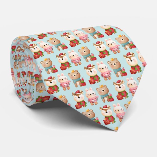 Christmas Animals in Festive Outfits Pattern Tie (Rolled)