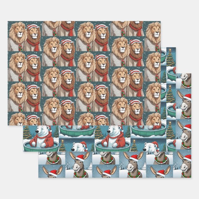 Christmas Animals, Lion, Polar Bear & Donkey Wrapping Paper Sheet (Set)