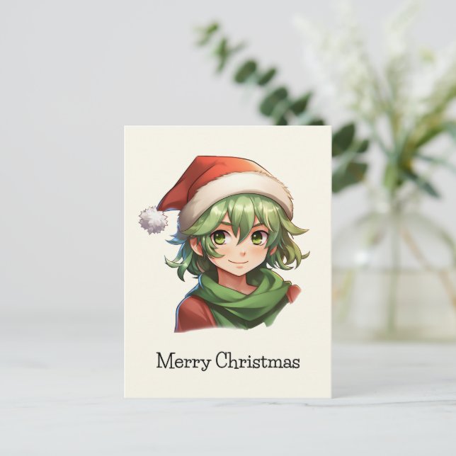 Christmas Anime Elf Portrait Holiday Postcard (Standing Front)
