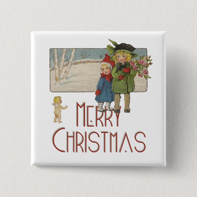 Christmas Antique Children Illustration 1920  2 Inch Square Button (Front)