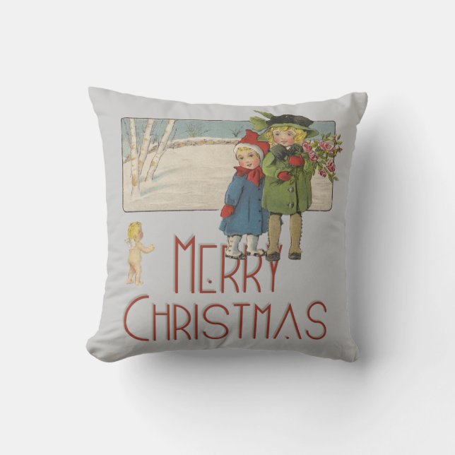 Christmas Antique Children Illustration 1920  Throw Pillow (Front)