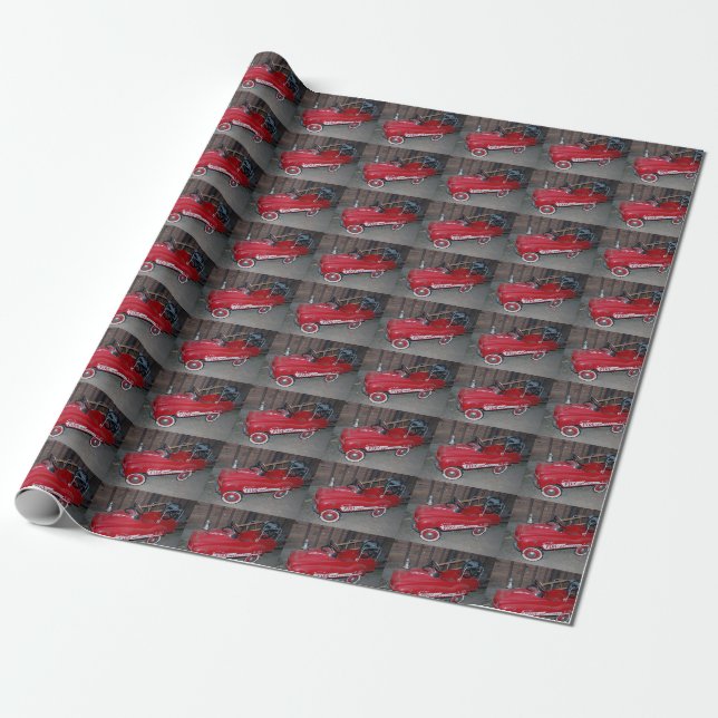 Christmas Antique Fire Truck Wagon Wrapping Paper (Unrolled)