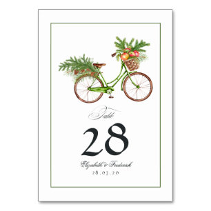 Christmas Apples and Pines Bicycle Winter Wedding Table Number