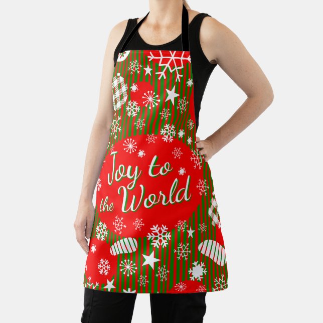 Christmas Apron – Joy to the World Red & Green (Insitu)