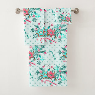 Christmas Aqua Blue pink Cookie Festive  Bath Towel Set