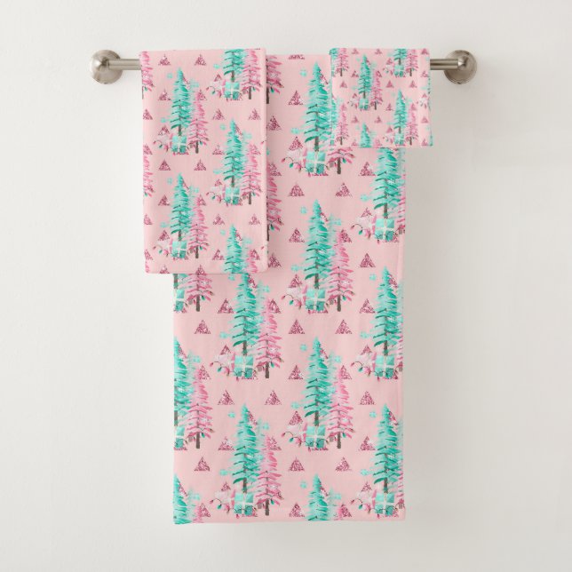 Christmas Aqua Blue Pink Tree Pattern  Bath Towel Set (Insitu)