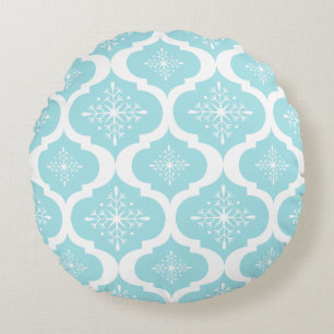 Christmas Aqua Blue Snowflakes Lattice Pattern Round Pillow