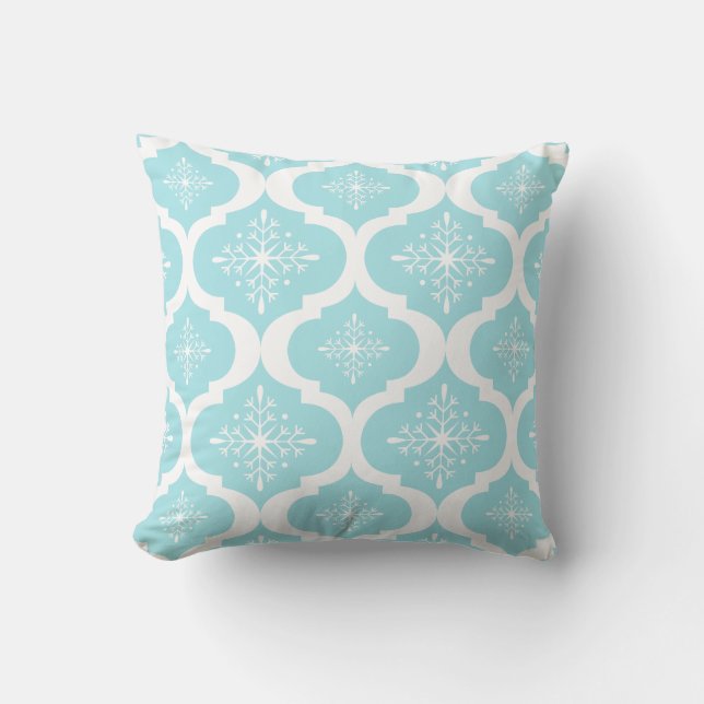 Christmas Aqua Blue Snowflakes Lattice Pattern Throw Pillow (Front)