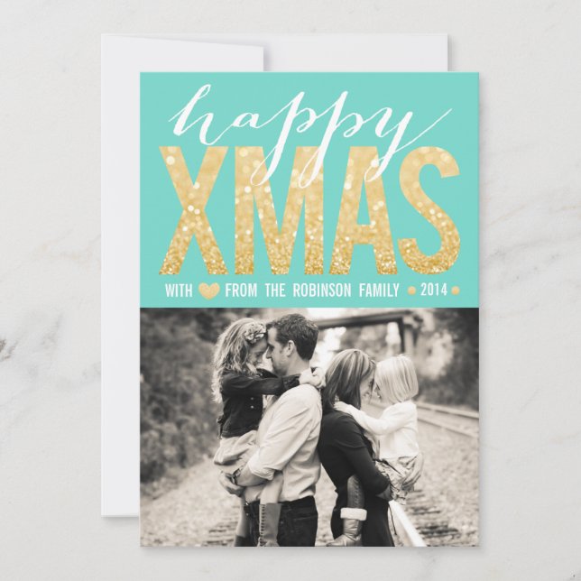 Christmas Aqua Gold Glitter Photo Flat Card (Front)