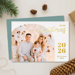 Christmas arch 1 photo modern minimalist blue gold foil holiday card<br><div class="desc">Elegant and modern Christmas greeting card featuring a minimalist design displaying your favourite family picture inside a trendy arch frame. Easily customize with your name and the current year in stylish gold foil serif fonts.</div>