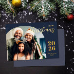 Christmas arch 1 photo modern minimalist gold foil holiday card<br><div class="desc">This elegant and modern Christmas greeting card features a minimalist design displaying your favourite family picture inside a trendy arch frame. Easily customizable with your family name and the current year in stylish gold foil serif fonts over a classic blue background.</div>