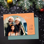 Christmas arch 1 photo modern minimalist gold foil holiday card<br><div class="desc">This elegant and modern Christmas greeting card features a minimalist design displaying your favourite family picture inside a trendy arch frame. Easily customizable with your family name and the current year in stylish rose gold foil serif fonts over a light shade of orange.</div>