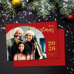 Christmas arch 1 photo modern minimalist red foil holiday card<br><div class="desc">This elegant and modern Christmas greeting card features a minimalist design displaying your favourite family picture inside a trendy arch frame. Easily customizable with your family name and the current year in stylish gold foil serif fonts over a classic festive red background.</div>