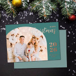 Christmas arch 1 photo modern minimalist teal foil holiday card<br><div class="desc">Elegant and modern Christmas greeting card featuring a minimalist design displaying your favourite family picture inside a trendy arch frame. Easily customize with your name and the current year in stylish rose gold foil serif fonts.</div>