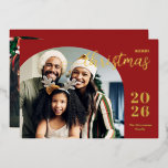 Christmas arch 2 photo modern minimalist red foil holiday card<br><div class="desc">This elegant and modern Christmas greeting card features a minimalist design displaying two of your favourite family pictures inside a trendy arch frame. Easily customizable with your family name and the current year in stylish gold foil serif fonts over a classic festive red background on the front and with your...</div>