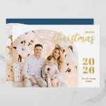 Christmas arch 2 photos modern minimalist blue foil holiday card<br><div class="desc">This elegant and modern Christmas greeting card features a minimalist design displaying 2 of your favourite family pictures inside trendy arch frames. Easily customize with your name and the current year in stylish gold foil serif fonts on the front and your personal greeting message in a classic white serif font...</div>