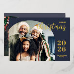 Christmas arch 2 photos modern minimalist gold foil holiday card<br><div class="desc">This elegant and modern Christmas greeting card features a minimalist design displaying two of your favourite family pictures inside trendy arch frames. Easily customizable with your family name and the current year in stylish gold foil serif fonts over a classic blue background and your custom greeting message on the back....</div>