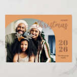 Christmas arch 2 photos modern minimalist gold foil holiday card<br><div class="desc">This elegant and modern Christmas greeting card features a minimalist design displaying 2 of your favourite family pictures inside trendy arch frames. Easily customizable with your family name and the current year in stylish rose gold foil serif fonts over a light shade of orange on the front and with your...</div>