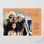 Christmas arch 2 photos modern minimalist gold foil holiday card<br><div class="desc">This elegant and modern Christmas greeting card features a minimalist design displaying 2 of your favourite family pictures inside trendy arch frames. Easily customizable with your family name and the current year in stylish rose gold foil serif fonts over a light shade of orange on the front and with your...</div>