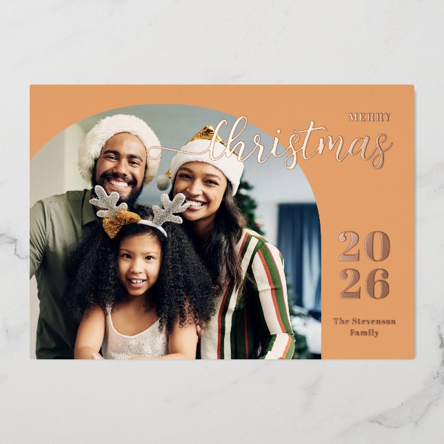Christmas arch 2 photos modern minimalist gold foil holiday card (Front)