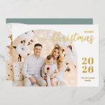 Christmas arch 2 photos modern minimalist teal foil holiday card<br><div class="desc">This elegant and modern Christmas greeting card features a minimalist design displaying 2 of your favourite family pictures inside trendy arch frames. Easily customize with your name and the current year in stylish gold foil serif fonts on the front and your personal greeting message in a classic white serif font...</div>