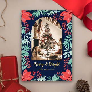 Christmas Arch Photo Blue Botanical Floral Gold Foil Holiday Card