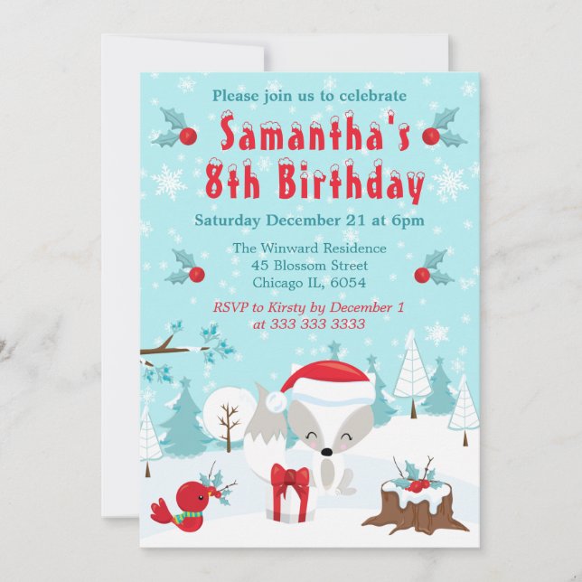 Christmas Arctic Fox & Bird Winter Scene Invitation (Front)