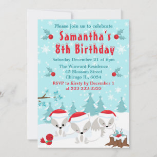 Christmas Arctic Foxes & Winter Scene Birthday Invitation