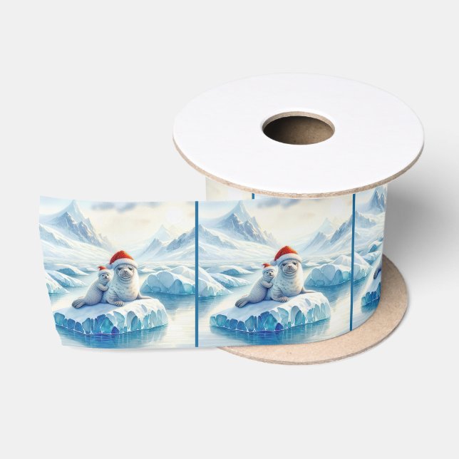 Christmas Arctic Seals with Santa Hats Satin Ribbon (Spool)
