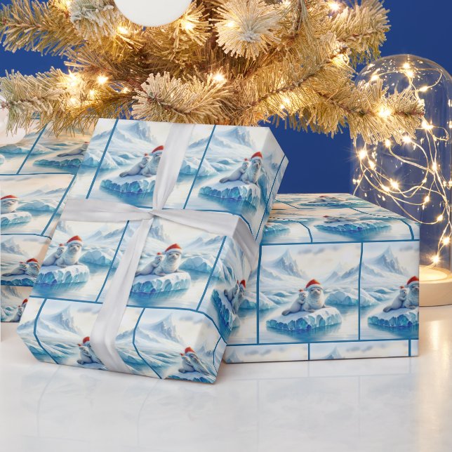 Christmas Arctic Seals with Santa Hats Wrapping Paper (Holidays)