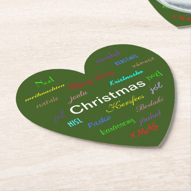 Christmas Around the World Modern Green Heart Paper Coaster (Angled)