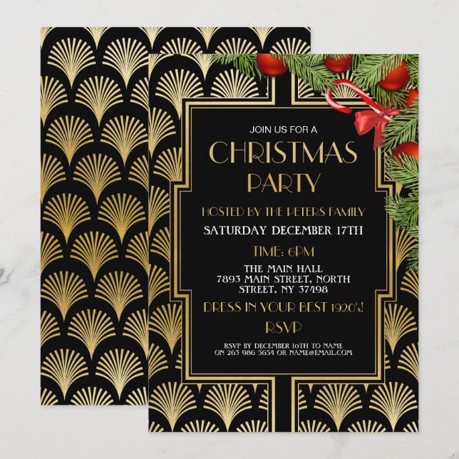 Christmas Art Deco Gatsby Party Gold Twenties Invitation (Front/Back)