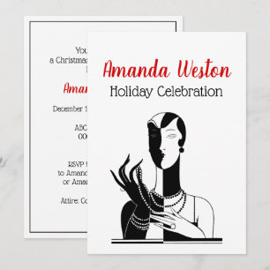 Christmas Art Deco Lady With Pearls Black Transp Invitation