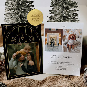 Christmas Art Deco Line Art Black Photo Gold Foil Holiday Card