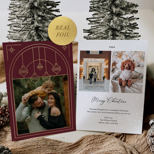 Christmas Art Deco Line Art Burgundy Photo Gold Foil Holiday Card (Creator Uploaded)
