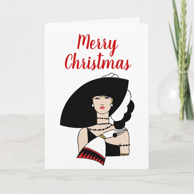 Christmas Art Deco Woman Wearing Hat Gloves Color Holiday Card (Front)