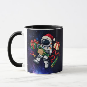 Christmas Astronaut Wrapping Gifts in Space Mug