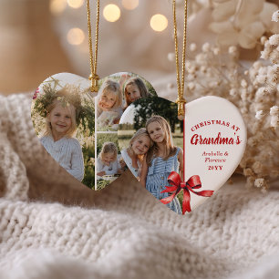 Christmas At Grandma's 4 Photo Red Bow Christma Ceramic Ornament