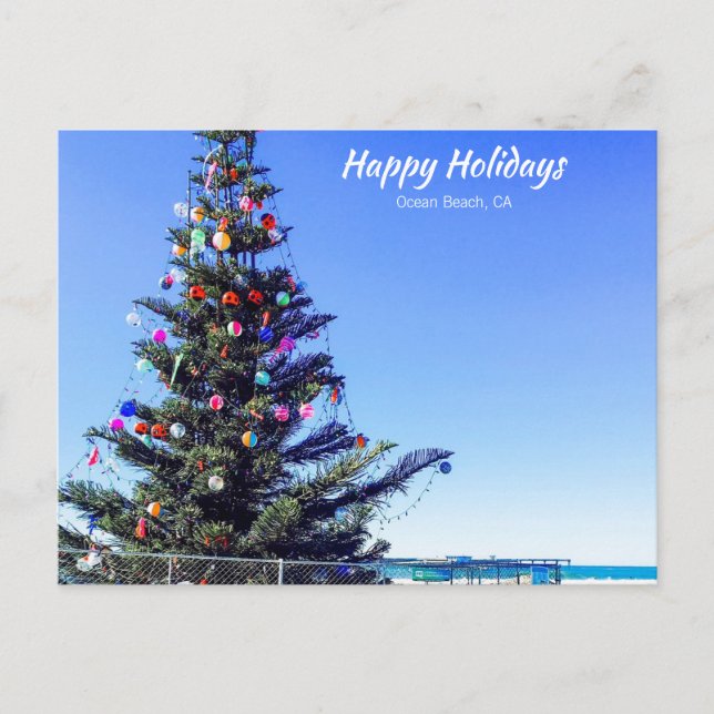 Christmas at Ocean Beach, CA Holiday Postcard (Front)