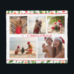 Christmas At The Beach 5 Photo Collage Modern Fleece Blanket<br><div class="desc">Christmas At The Beach 5 Photo Collage Modern Fleece Blanket features a photo collage of five of your favourite photos with your custom text in the centre in elegant red calligraphy script on a white background surrounded by a festive Christmas pattern of greenery and Christmas bauble decorations. Personalize by editing...</div>