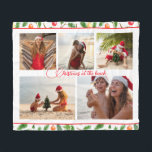 Christmas At The Beach 5 Photo Collage Modern Fleece Blanket<br><div class="desc">Christmas At The Beach 5 Photo Collage Modern Fleece Blanket features a photo collage of five of your favourite photos with your custom text in the centre in elegant red calligraphy script on a white background surrounded by a festive Christmas pattern of greenery and Christmas bauble decorations. Personalize by editing...</div>