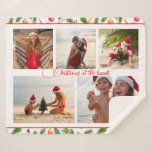 Christmas At The Beach 5 Photo Collage Modern Sherpa Blanket<br><div class="desc">Christmas At The Beach 5 Photo Collage Modern Sherpa Blanket features a photo collage of five of your favourite photos with your custom text in the centre in elegant red calligraphy script on a white background surrounded by a festive Christmas pattern of greenery and Christmas bauble decorations. Personalize by editing...</div>
