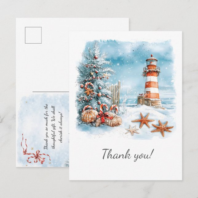 Christmas at the Beach Lighthouse Tree | Announcement Postcard (Front/Back)