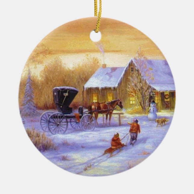 Christmas At the Cabin Ceramic Ornament (Front)