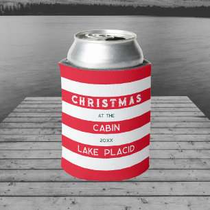 Christmas At The Cabin Red Nautical Stripe Lake Can Cooler
